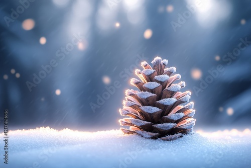 Beautiful pine cone on snow with soft light in winter forest setting at dawn