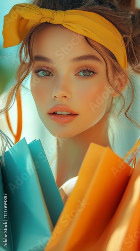 Shopper with colorful bags enjoys a sunny day in a lively urban setting