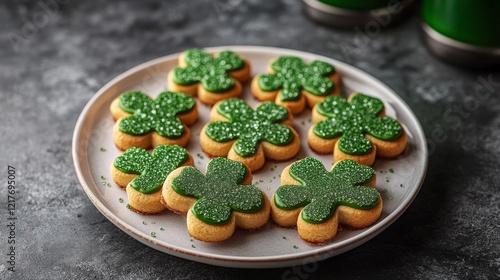 Festive green shamrock cookies on a decorated plate for spring celebrations