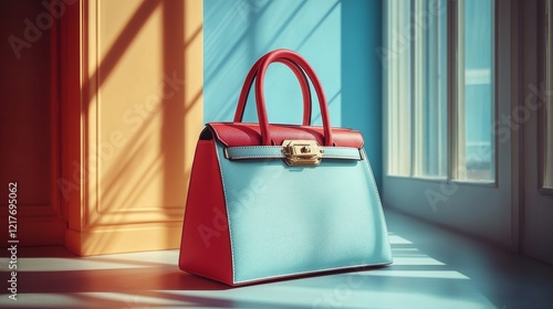 Stylish handbag displayed against a colorful backdrop in bright sunlight