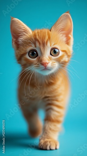 Orange kitten exploring a bright blue background with curiosity and playfulness