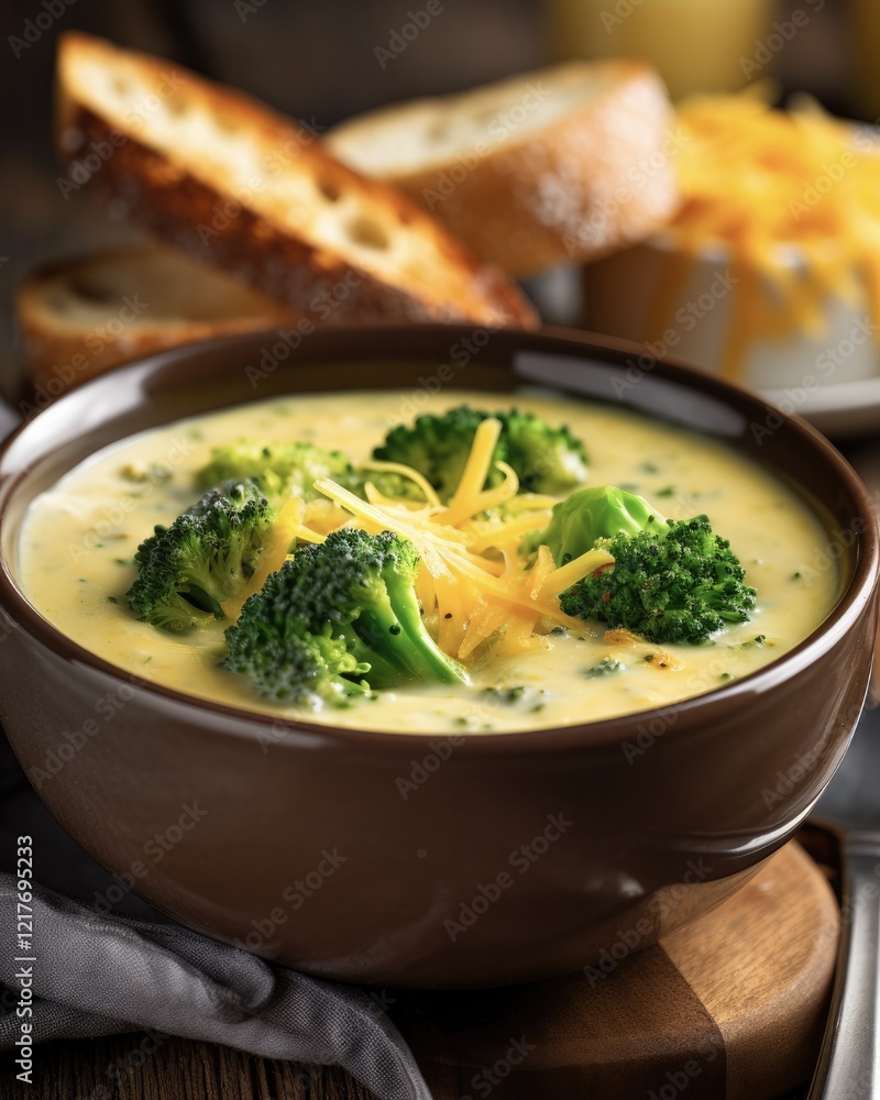 Creamy Broccoli Cheddar Cheese Soup in a Bowl with Toasted Bread. Delicious Dinner Closeup Creamy Broccoli Cheddar Cheese Soup in a Bowl with Toasted Bread. Delicious Dinner Closeup
