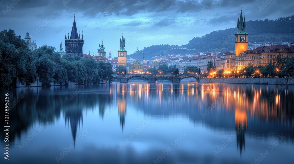Twilight Prague Bridge Reflection, Cityscape, Tourism Twilight Prague Bridge Reflection, Cityscape, Tourism