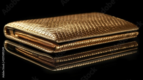Elegant metallic clutch purse showcasing intricate design on a reflective sur...