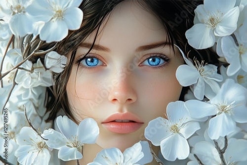Captivating portrait of a young woman surrounded by white flowers with striki...