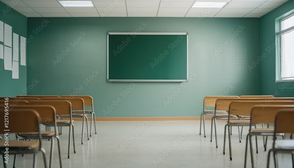 Bright Classroom with Empty Chairs and Chalkboard on Green Wall Bright Classroom with Empty Chairs and Chalkboard on Green Wall