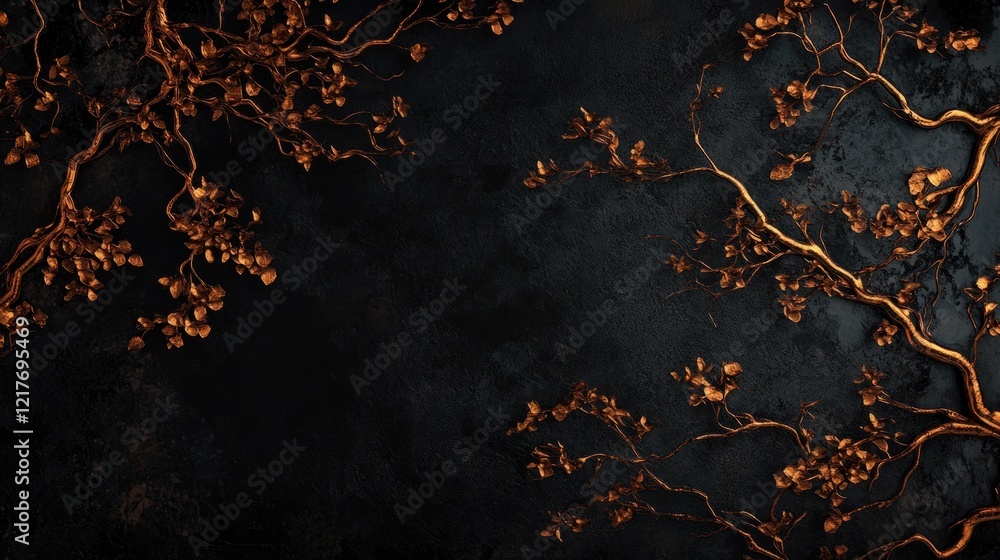 Golden branches on dark background; elegant design, ideal for invitations or websites Golden branches on dark background; elegant design, ideal for invitations or websites