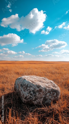 Large boulder in a golden grassland under a bright blue sky with soft clouds ...