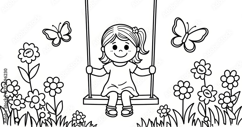 Fototapeta premium Smiling girl on swing in flowery garden