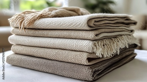 Neutral toned folded blankets stacked neatly on a table in a cozy living room...
