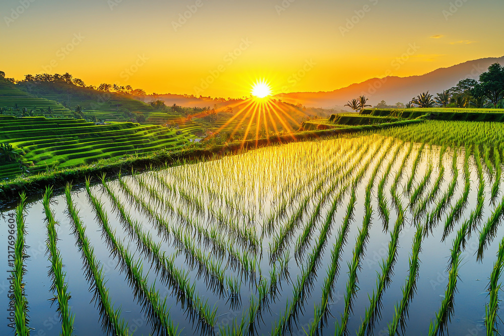 Fototapeta premium Radiant sunrise over serene rice paddy reflecting golden light in a picturesque agricultural landscape