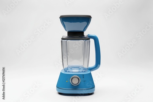 Blue blender, studio shot, kitchen appliance, empty jar, white background, healthy lifestyle photo