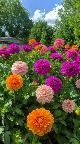 Colorful display of dahlias in various shades at a local market on a sunny day