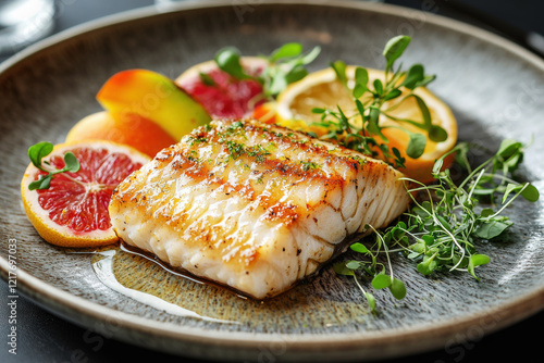 Rare tropical fish fillet with citrus glaze served elegantly with fruit and microgreens in soft lighting