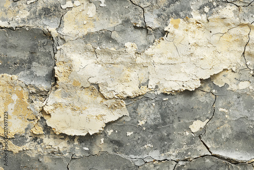 Rough concrete wall texture showcasing cracks and peeling paint in shades of gray and beige with intricate details photo