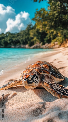 Sea turtle resting on sandy beach near lush green hills at sunset