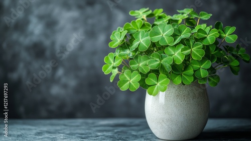 Fresh clover arrangement in a simple ceramic vase on a neutral background