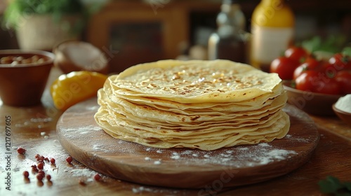 Delicious sweet pancakes stacked on a plate with a decorative herb on top