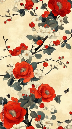 Red roses and white blossoms elegantly arranged on a wallpaper background