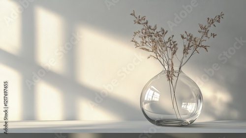 Elegant glass vase with dried flowers on a minimalist table in natural light