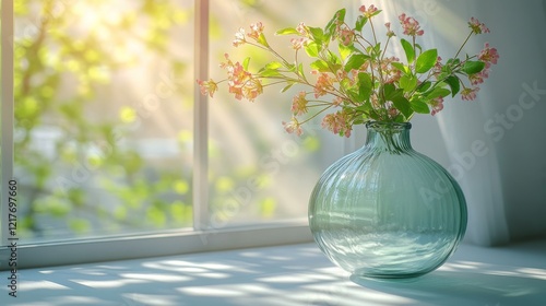 Elegant glass vase with dried flowers on a minimalist table in natural light