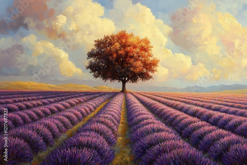 Purple lavender fields under a vibrant sky with a solitary tree at sunset