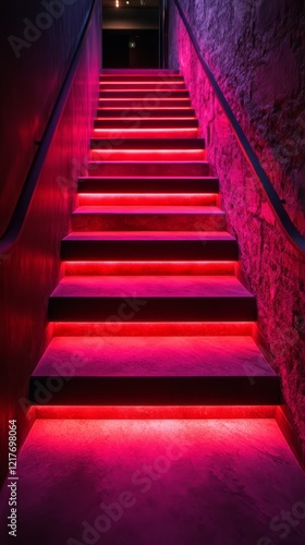 Stairway illuminated by red light inside a rocky cave with natural stone walls