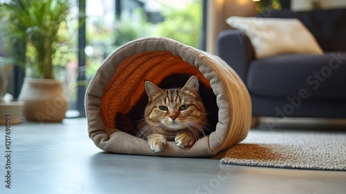 Cozy cat relaxing in a soft tunnel at home on a sunny day
