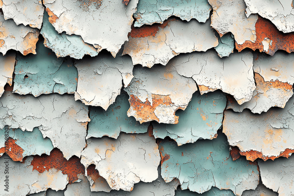 Obraz premium Rusty metal surface showcasing layered textures and peeling paint in muted colors of gray, white, and teal with rust
