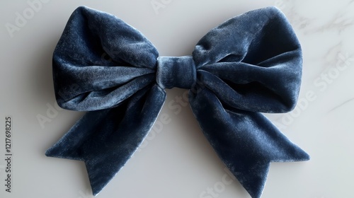 Elegant navy blue ribbon bow displayed on a neutral background for decoration...