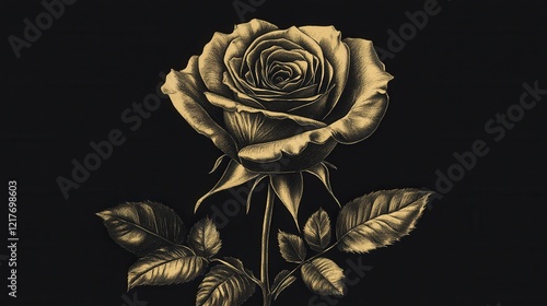 Elegant Golden Rose Flower Illustration Botanical Drawing Dark Background Luxury Design