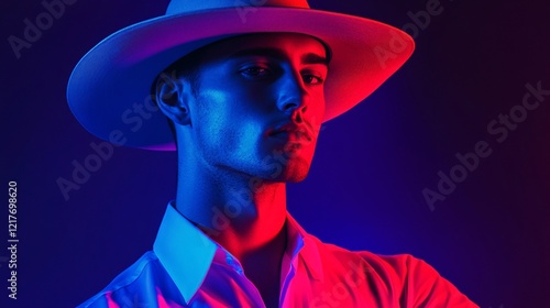 Stylish Man Wearing a Hat in Red and Blue Lighting Capturing a Bold and Modern Look with Dramatic Shadows and Vibrant Colors photo