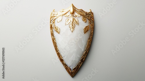 A decorative shield featuring ornate gold accents and a smooth white surface, exuding elegance and artistry.