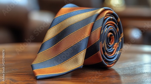 Stylish striped tie rolled up on a light background for elegant occasions and...