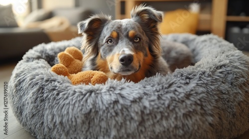 Relaxed golden retriever resting in cozy bed by large window in modern living...