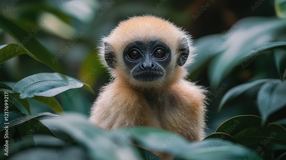 Fototapeta premium Young Gibbon Monkey Amidst Lush Green Foliage
