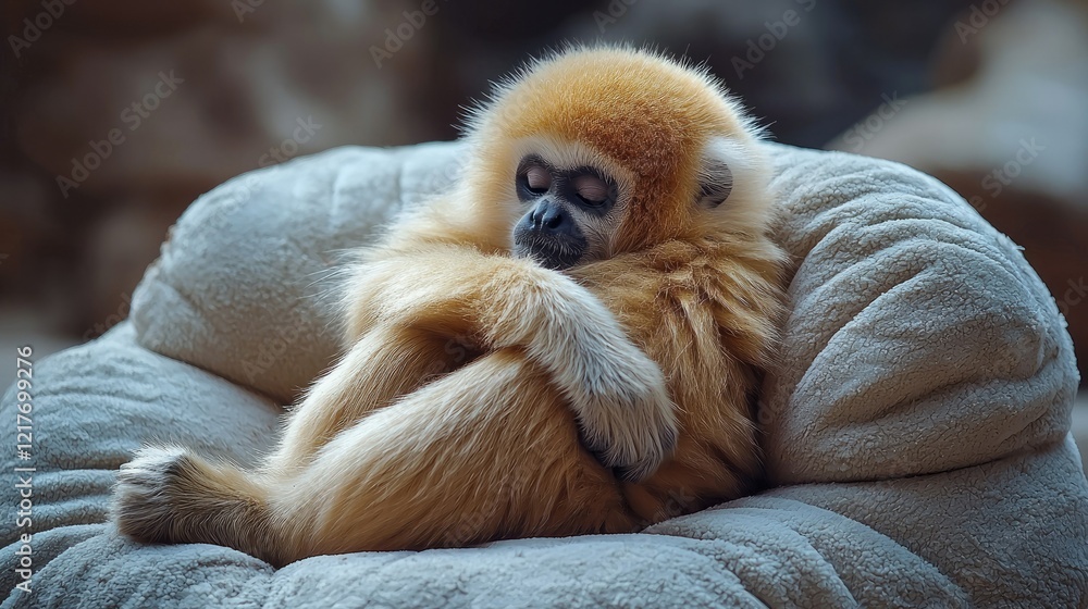 Fototapeta premium Adorable Golden Gibbon Napping Comfortably in Chair