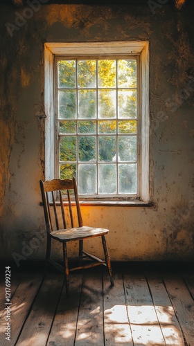 Natural light streaming through window highlighting wooden chair in peaceful ...