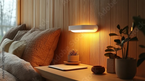 Cozy bedroom with modern decor and soft lighting near city skyline at dusk