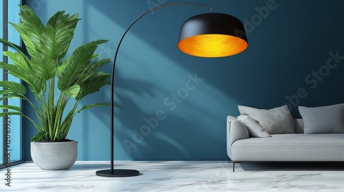 Modern living room with stylish floor lamp and green plant in bright interior...