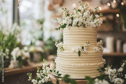 Elegant two-tier wedding cake adorned with fresh white flowers inside a charm...