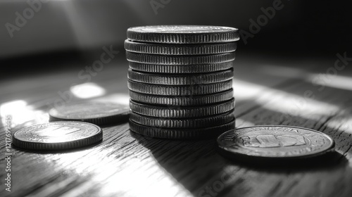 Silver coins stacked on a wooden surface illuminated by sunlight in a minimal...