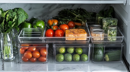 Fresh vegetables and fruits organized neatly in refrigerator for healthy meal...