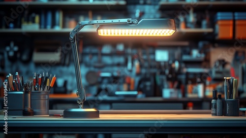 Bright workspace lamp illuminating a creative atmosphere in a cluttered workshop