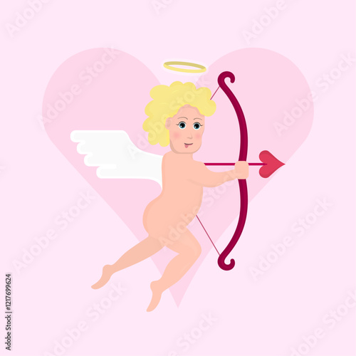 Detailed Cupid Vector Illustration with Heart Background – Valentine’s Day Romantic Design