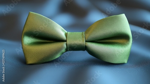 Elegant green satin bow on soft fabric surface surrounded by greenery in natu...