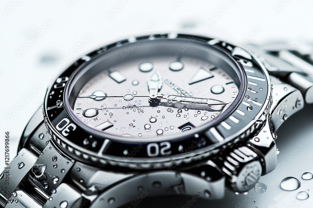 Rugged diver's watch with droplets showcasing durability and adventure on a clean white background Rugged diver's watch with droplets showcasing durability and adventure on a clean white background