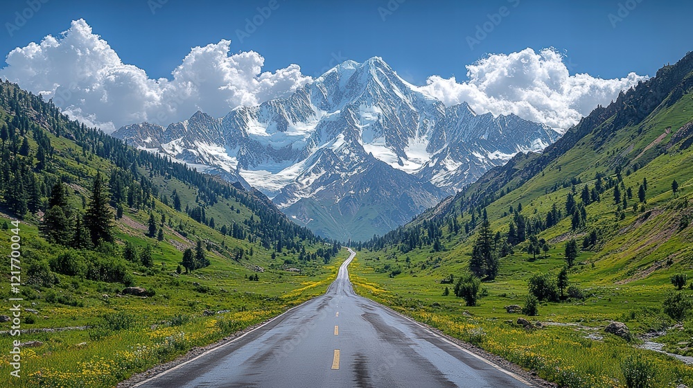 Naklejka premium Panoramic view of a beautiful mountain road in front of snow-capped mountains.
