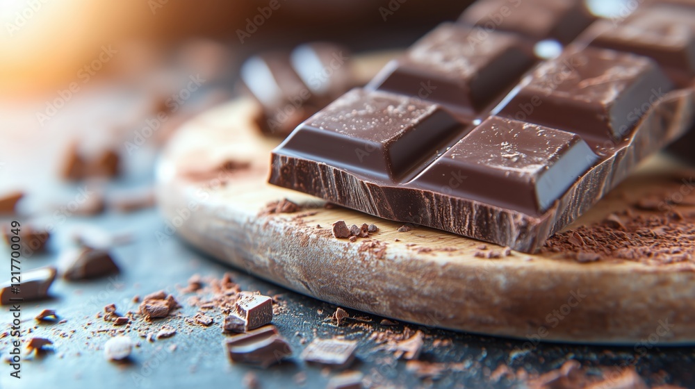 Rich dark chocolate squares arranged on a wooden platter with cocoa dust and shavings Rich dark chocolate squares arranged on a wooden platter with cocoa dust and shavings