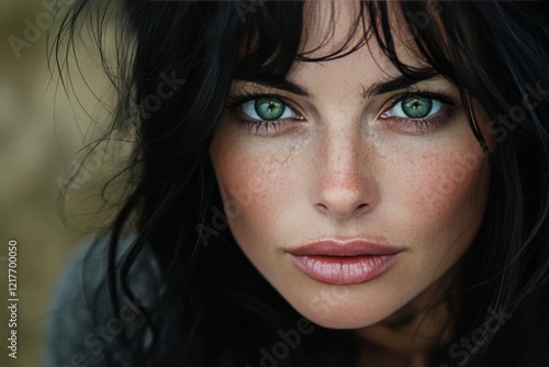 Portrait of a woman with striking green eyes and dark hair showcasing natural...